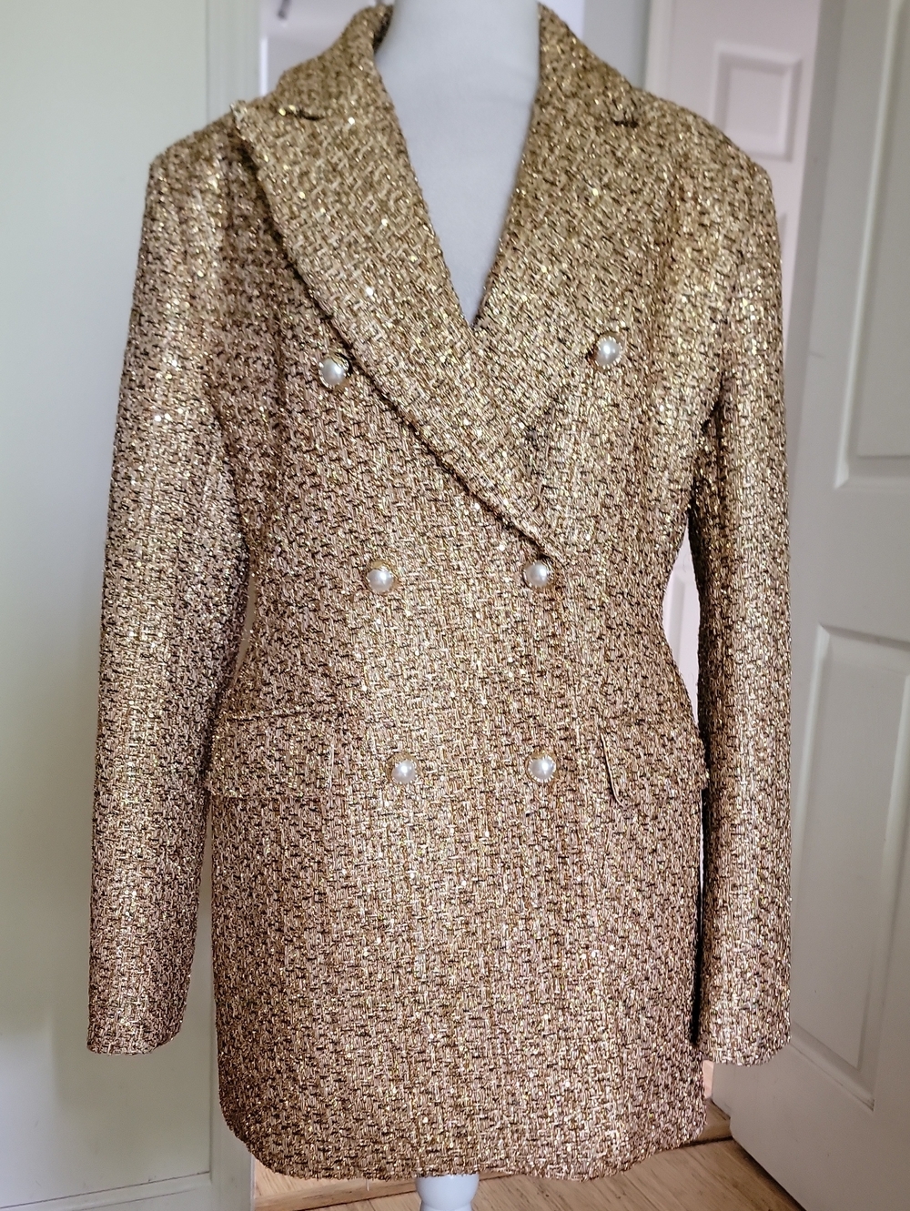 Gold Tweed Double-Breasted Blazer Jacket with Pearl Buttons